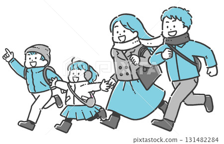 Illustration of a family with children running out with bags Illustration of a family with children running out with bags 131482284