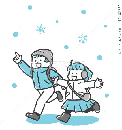 Illustration of a boy and girl going out in the snow 131482285