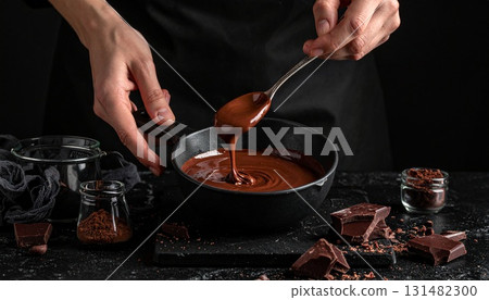 情人節圖片:特寫:一個豪華的黑色容器,裡面盛有濃鬱的融化巧克力和一把湯匙。 情人節圖片:特寫:一個豪華的黑色容器,裡面盛有濃鬱的融化巧克力和一把湯匙。 131482300