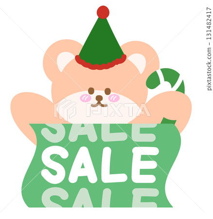Cute Christmas SALE icon with teddy bear, candy cane, party hat for online shopping, promotion, sticker, banner, special price, discount, web button, campaign badge, ads, brochure, price tag, animal 131482417