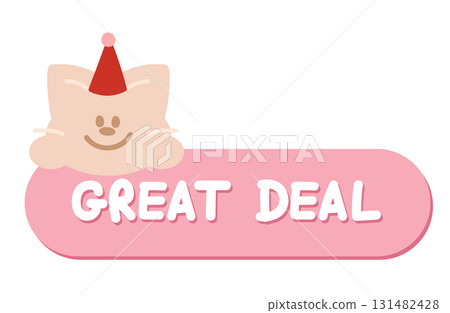 Cute Christmas GREAT DEAL sale icon with cat party hat for online shopping, promotion, sticker, banner, special price, discount, web button, campaign badge, brochure, price tag, animal, pet shop, vet 131482428