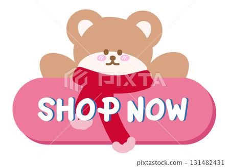 Cute Christmas SHOP NOW sale icon with teddy bear, winter scarf for online shopping, promotion, sticker, banner, special price, discount, web button, campaign badge, ads, brochure, price tag, animal 131482431