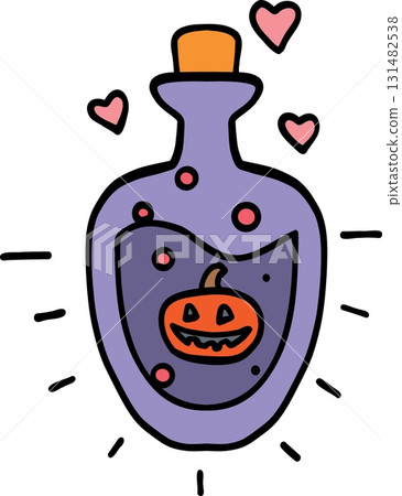 halloween festival. Halloween potion bottle with a pumpkin design and decorative hearts. retro trendy groovy halloween illustration in doodle pastel color line style 131482538