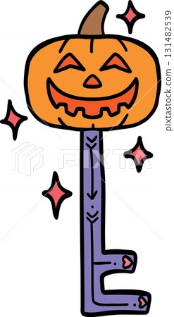halloween festival. Whimsical pumpkin-shaped key with sparkling accents. retro trendy groovy halloween illustration in doodle pastel color line style 131482539