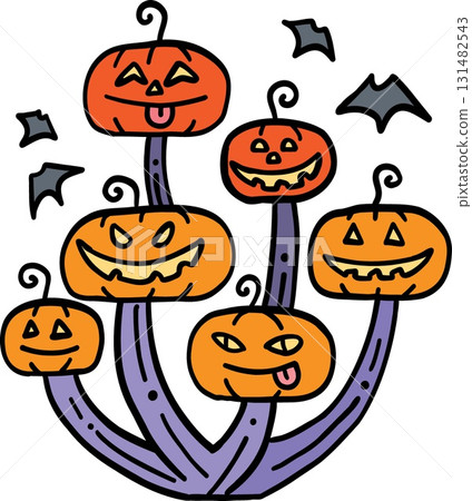 halloween festival. Cheerful pumpkins with playful faces and bats around them. retro trendy groovy halloween illustration in doodle pastel color line style 131482543