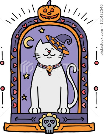 halloween festival. Whimsical Halloween cat with a witch hat and pumpkin backdrop. retro trendy groovy halloween illustration in doodle pastel color line style 131482546