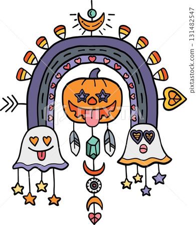 halloween festival. Colorful Halloween-themed illustration with ghosts and a pumpkin rainbow. retro trendy groovy halloween illustration in doodle pastel color line style 131482547