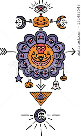 halloween festival. Colorful Halloween-themed mandala with various spooky symbols. retro trendy groovy halloween illustration in doodle pastel color line style halloween festival. Colorful Halloween-themed mandala with various spooky symbols. retro trendy groovy halloween illustration in doodle pastel color line style 131482548