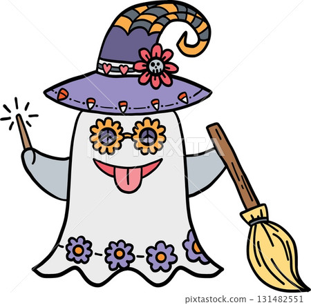 halloween festival. Playful ghost character wearing a witch hat and holding a broomstick. retro trendy groovy halloween illustration in doodle pastel color line style 131482551