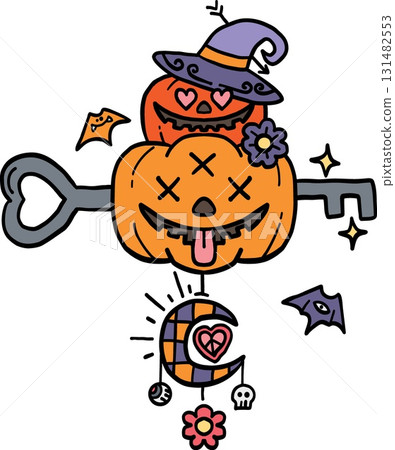 halloween festival. Whimsical Halloween key with pumpkins, moon, and fun designs. retro trendy groovy halloween illustration in doodle pastel color line style halloween festival. Whimsical Halloween key with pumpkins, moon, and fun designs. retro trendy groovy halloween illustration in doodle pastel color line style 131482553
