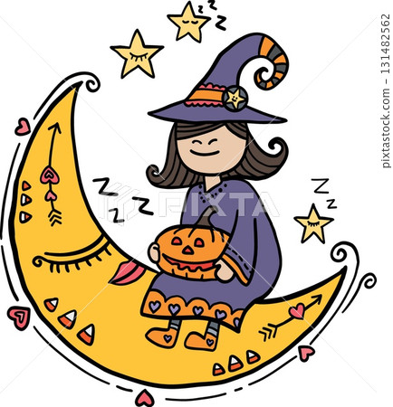 halloween festival. A whimsical witch resting on a moon with a pumpkin. retro trendy groovy halloween illustration in doodle pastel color line style 131482562