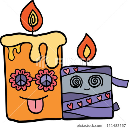 halloween festival. Playful cartoon candles with smiling faces and vibrant colors. retro trendy groovy halloween illustration in doodle pastel color line style halloween festival. Playful cartoon candles with smiling faces and vibrant colors. retro trendy groovy halloween illustration in doodle pastel color line style 131482567