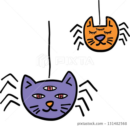 halloween festival. Two whimsical cat-spider hybrids hanging. retro trendy groovy halloween illustration in doodle pastel color line style halloween festival. Two whimsical cat-spider hybrids hanging. retro trendy groovy halloween illustration in doodle pastel color line style 131482568