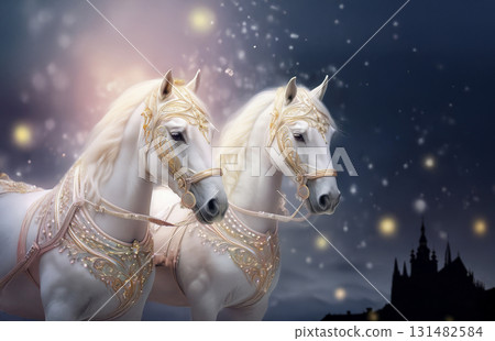 A fantastic Western carriage, horses and castle 131482584