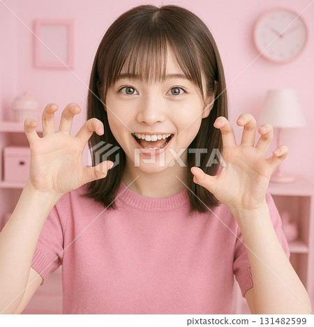 一個女人擺出一副咆哮獅子的姿勢 131482599