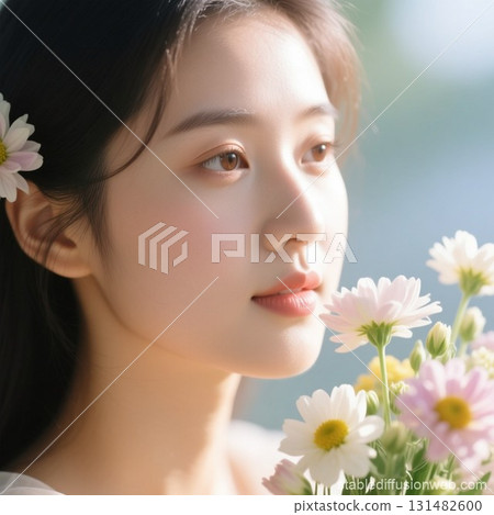 拿著花的年輕女子的肖像 131482600