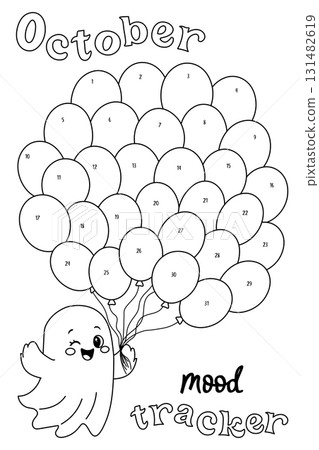 October Mood Tracker with Cute Ghost and Balloons. Cute ghost holding 31 numbered balloons. Printable coloring worksheet for bullet journal, children's coloring book, planner, organizational materials 131482619