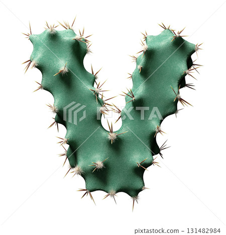 Creative Cactus-Inspired Letter V Design with Green Texture and Spikes 131482984