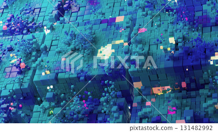 Futuristic digital cubes explosion, neon light and abstract 3D blocks structure 131482992