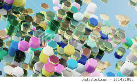 Colorful glowing 3D hexagons floating in abstract futuristic digital space 131482993
