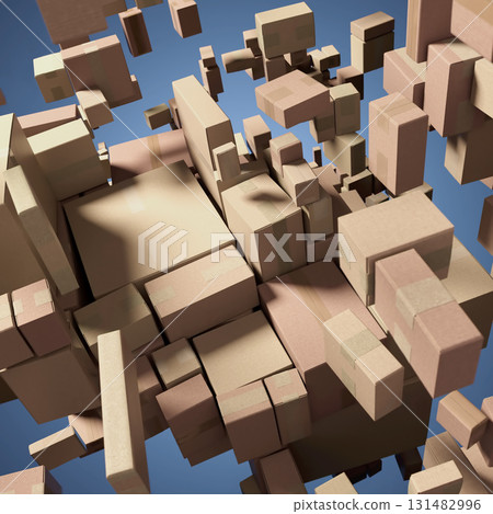 Cardboard boxes floating in chaotic 3D space with parcels and packaging 131482996