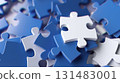 Blue and white puzzle pieces close-up in 3D abstract background 131483001
