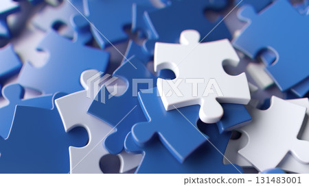 Blue and white puzzle pieces close-up in 3D abstract background 131483001