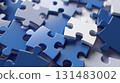 Blue and white puzzle pieces scattered in abstract background 131483002