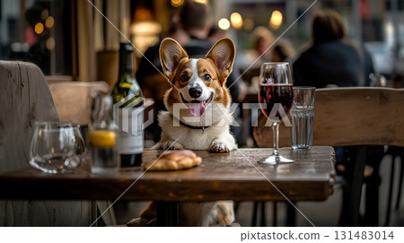 Corgi with wine glass in the background 131483014
