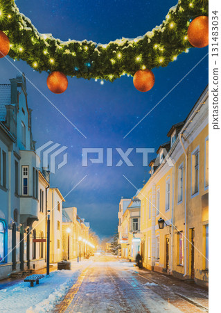 Parnu, Estonia. Night View Of Famous Ruutli Street With Old Buildings, Restaurants, Cafe, Hotels And Shops In Festive Evening Night Christmas Xmas New Year Illuminations 131483034