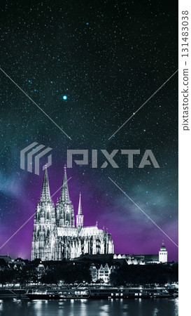 Cologne, Germany. Night View Of Cologne Cathedral. Catholic Gothic Cathedral In Night. UNESCO World Heritage Site. Toned Photo Black, White And Ultra Violet Colors . Night starry stars sky. Cologne, Germany. Night View Of Cologne Cathedral. Catholic Gothic Cathedral In Night. UNESCO World Heritage Site. Toned Photo Black, White And Ultra Violet Colors . Night starry stars sky. 131483038