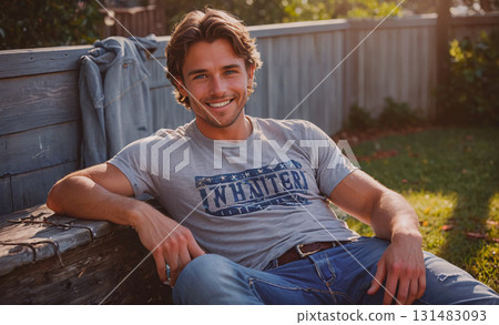 Three girls are kneeling in a forest, looking at a plant. They are wearing blue jackets and black pants 131483093