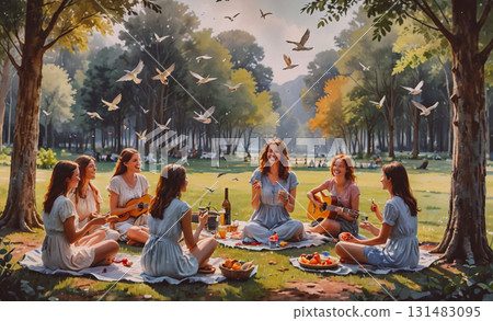 Group of people are walking down a street with a bunch of balloons in the air. The balloons are in various colors and sizes, and they are scattered throughout the scene. Scene is festive and joyful 131483095