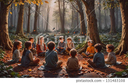 Group of children are sitting in a field, watching butterflies. Scene is peaceful and serene, as the children are enjoying the beauty of nature 131483108