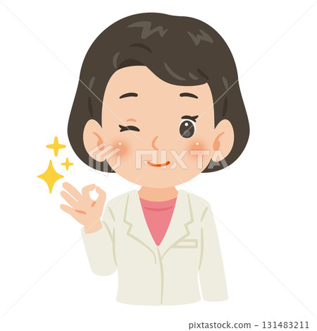 一位身穿白大褂的女士做出「OK」手勢,上半身插圖 一位身穿白大褂的女士做出「OK」手勢,上半身插圖 131483211