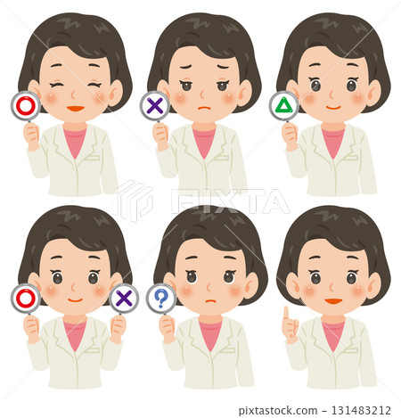 Illustration of a woman in a white coat holding cards with a circle and a cross 131483212