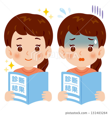 Woman looking at medical examination results Upper body illustration set 131483264