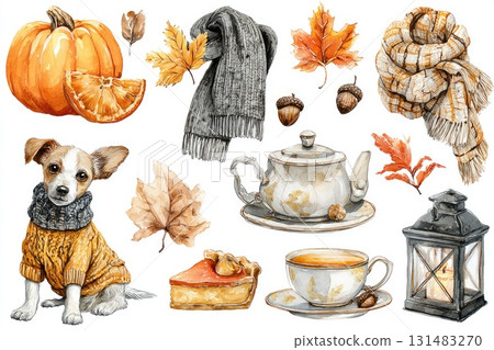 Cute dog in a cozy sweater surrounded by autumn leaves, pumpkin, tea set, and seasonal decor Cute dog in a cozy sweater surrounded by autumn leaves, pumpkin, tea set, and seasonal decor 131483270