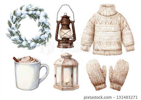 Cozy winter illustration featuring a knitted sweater, lantern, wreath, and hot cocoa with copy space Cozy winter illustration featuring a knitted sweater, lantern, wreath, and hot cocoa with copy space 131483271