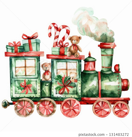 Colorful watercolor illustration of a festive train carrying gifts and teddy bears for holidays Colorful watercolor illustration of a festive train carrying gifts and teddy bears for holidays 131483272