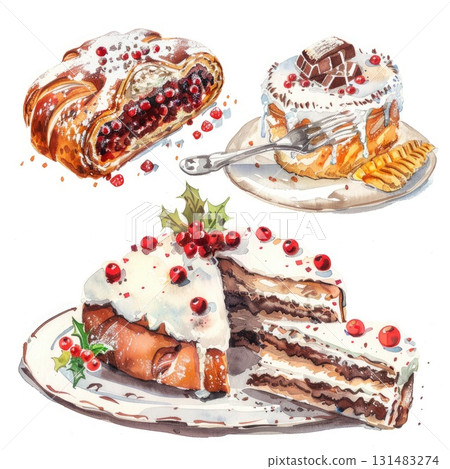 Delicious holiday desserts featuring layered cake, sweet rolls, and festive decorations with copy space Delicious holiday desserts featuring layered cake, sweet rolls, and festive decorations with copy space 131483274