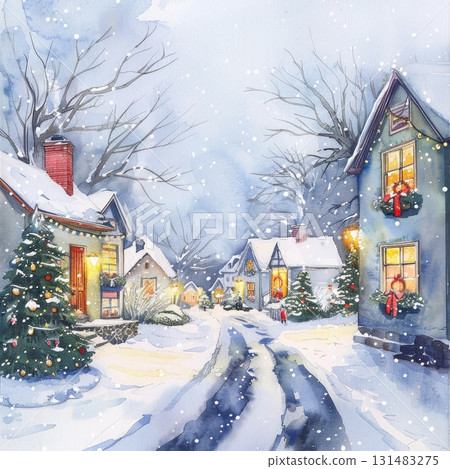 Winter village scene with snow-covered houses, decorated trees, and festive atmosphere at dusk Winter village scene with snow-covered houses, decorated trees, and festive atmosphere at dusk 131483275