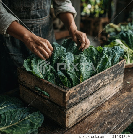 African American woman arranging fresh green cabbage in a rustic wooden crate for market display African American woman arranging fresh green cabbage in a rustic wooden crate for market display 131483299