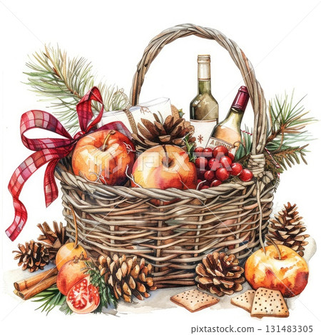 Festive wicker basket filled with apples, pinecones, and holiday decorations for seasonal celebration 131483305