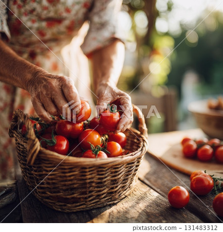 Woman harvesting fresh tomatoes from a wicker basket in a rustic kitchen setting with natural light Woman harvesting fresh tomatoes from a wicker basket in a rustic kitchen setting with natural light 131483312