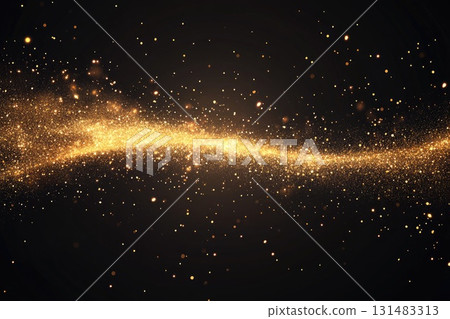 Golden sparkling dust particles swirling in a cosmic wave against a dark background Golden sparkling dust particles swirling in a cosmic wave against a dark background 131483313