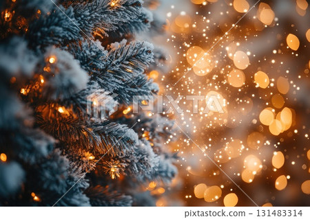 Frosted evergreen tree branches adorned with warm lights and sparkling bokeh for festive atmosphere Frosted evergreen tree branches adorned with warm lights and sparkling bokeh for festive atmosphere 131483314
