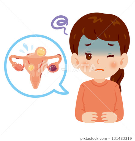 Illustration of a woman with unhealthy uterus and ovaries (upper body) 131483319