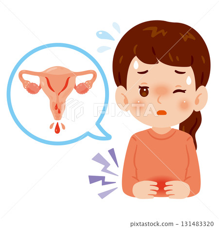 Upper body illustration of a woman suffering from menstrual pain 131483320
