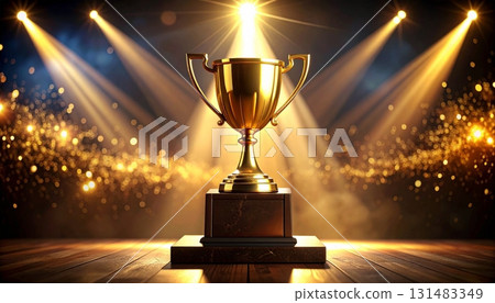 Winning trophy presentation during an award ceremony with bright stage lights and a celebratory atmosphere 131483349